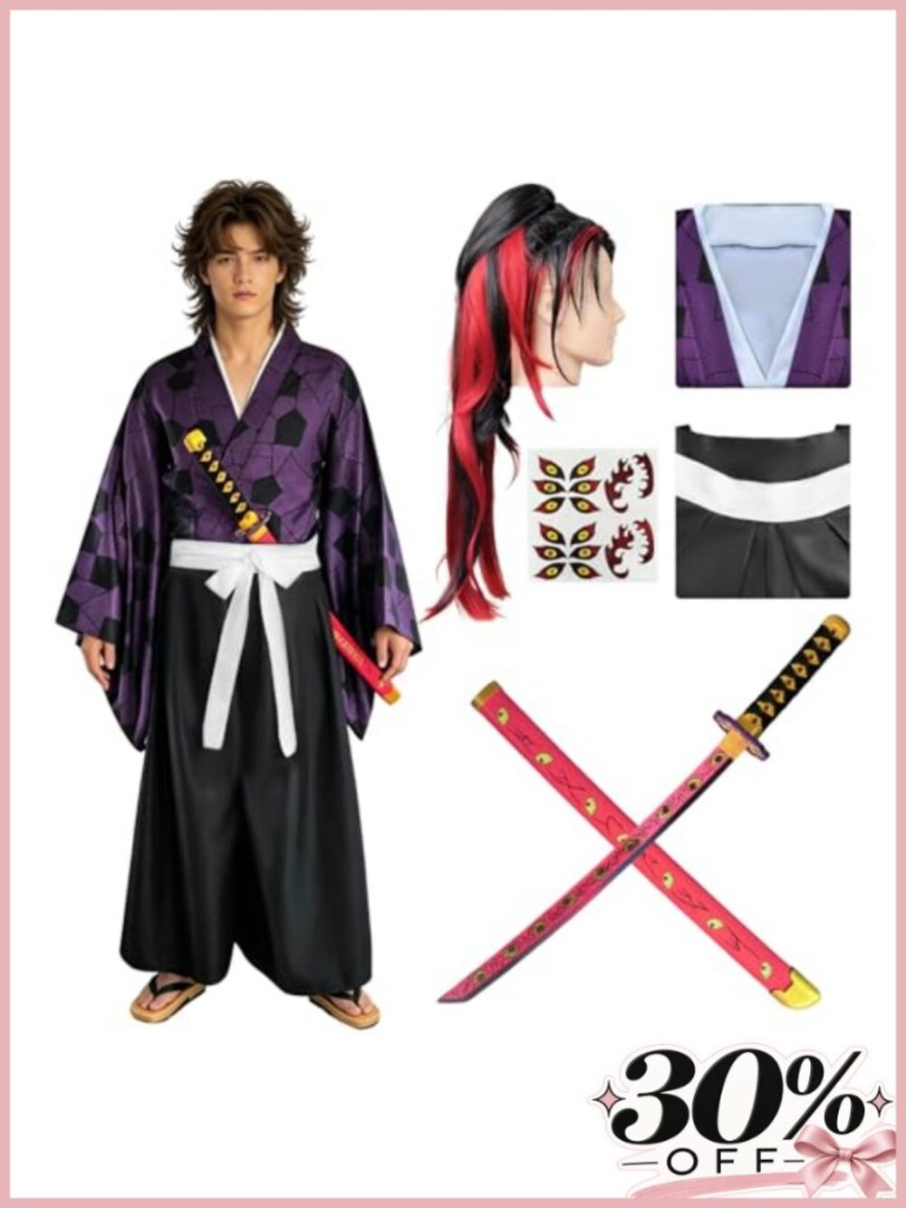 Men's Anime Cosplay Kimono Robe Set with Wig Sword Halloween Costume